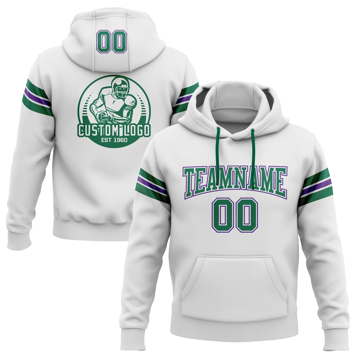 Custom Stitched White Kelly Green-Purple Football Pullover Sweatshirt Hoodie - Main View
