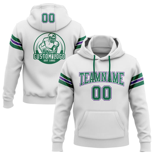 Custom Stitched White Kelly Green-Purple Football Pullover Sweatshirt Hoodie - Main View