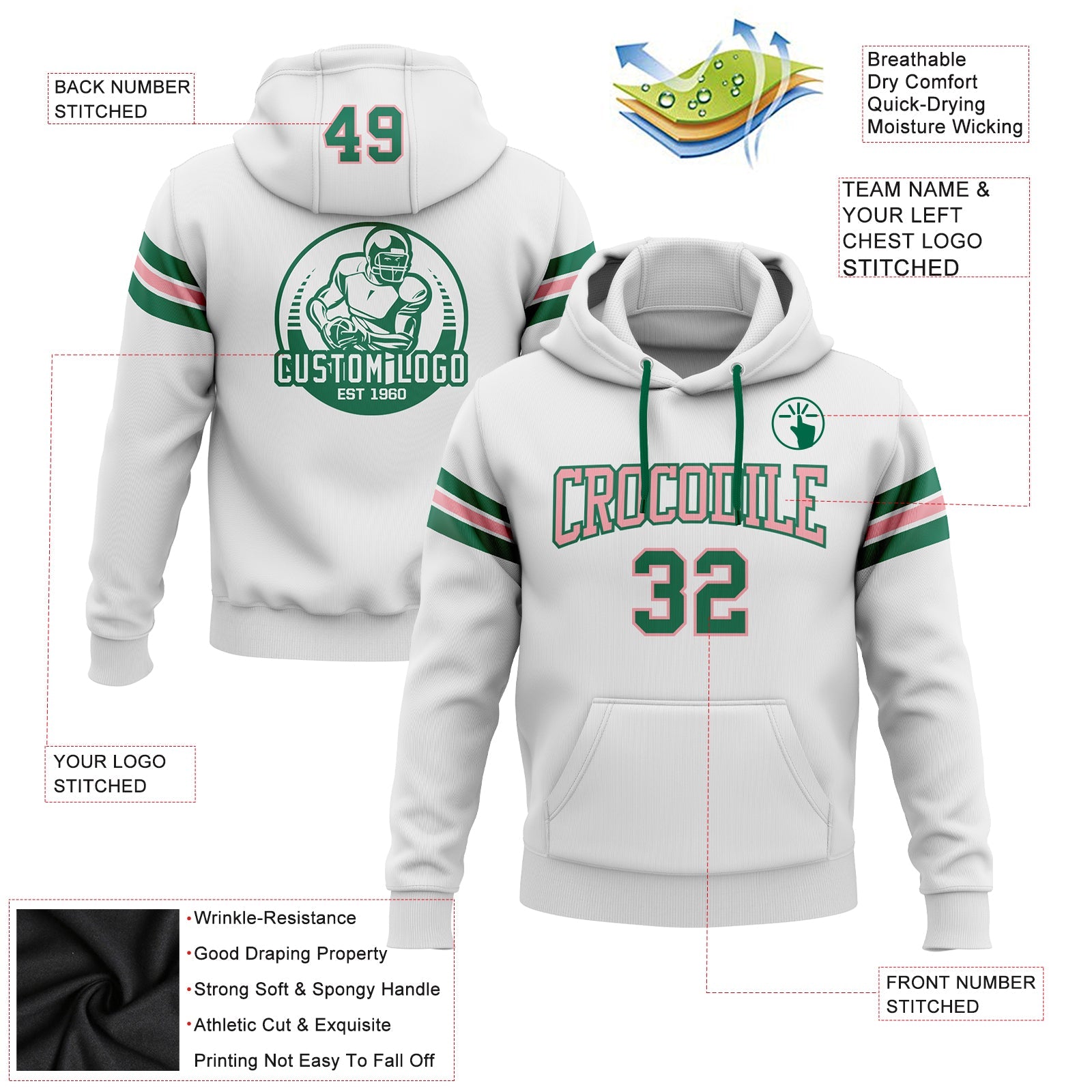 Custom Stitched White Kelly Green-Medium Pink Football Pullover Sweatshirt Hoodie view 2