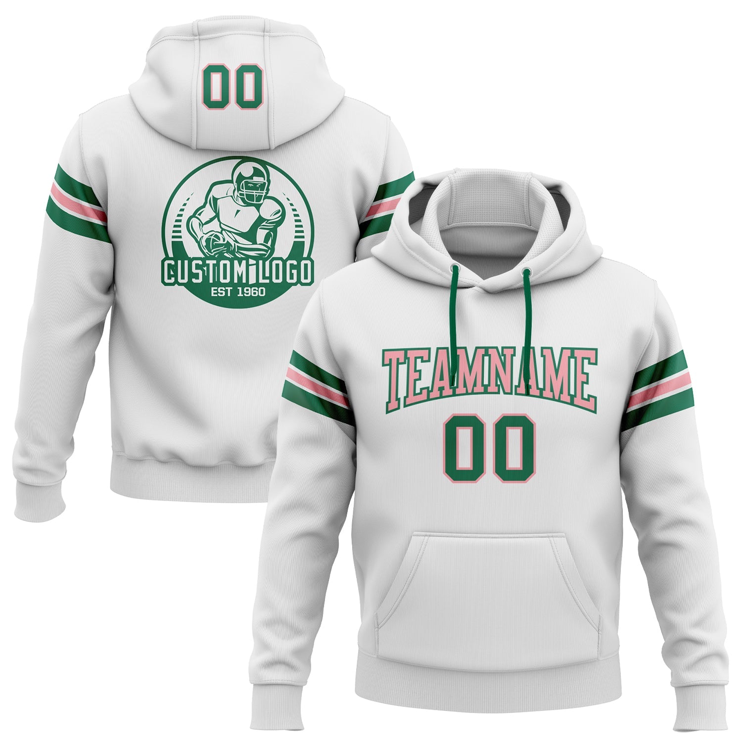 Custom Stitched White Kelly Green-Medium Pink Football Pullover Sweatshirt Hoodie - Main View