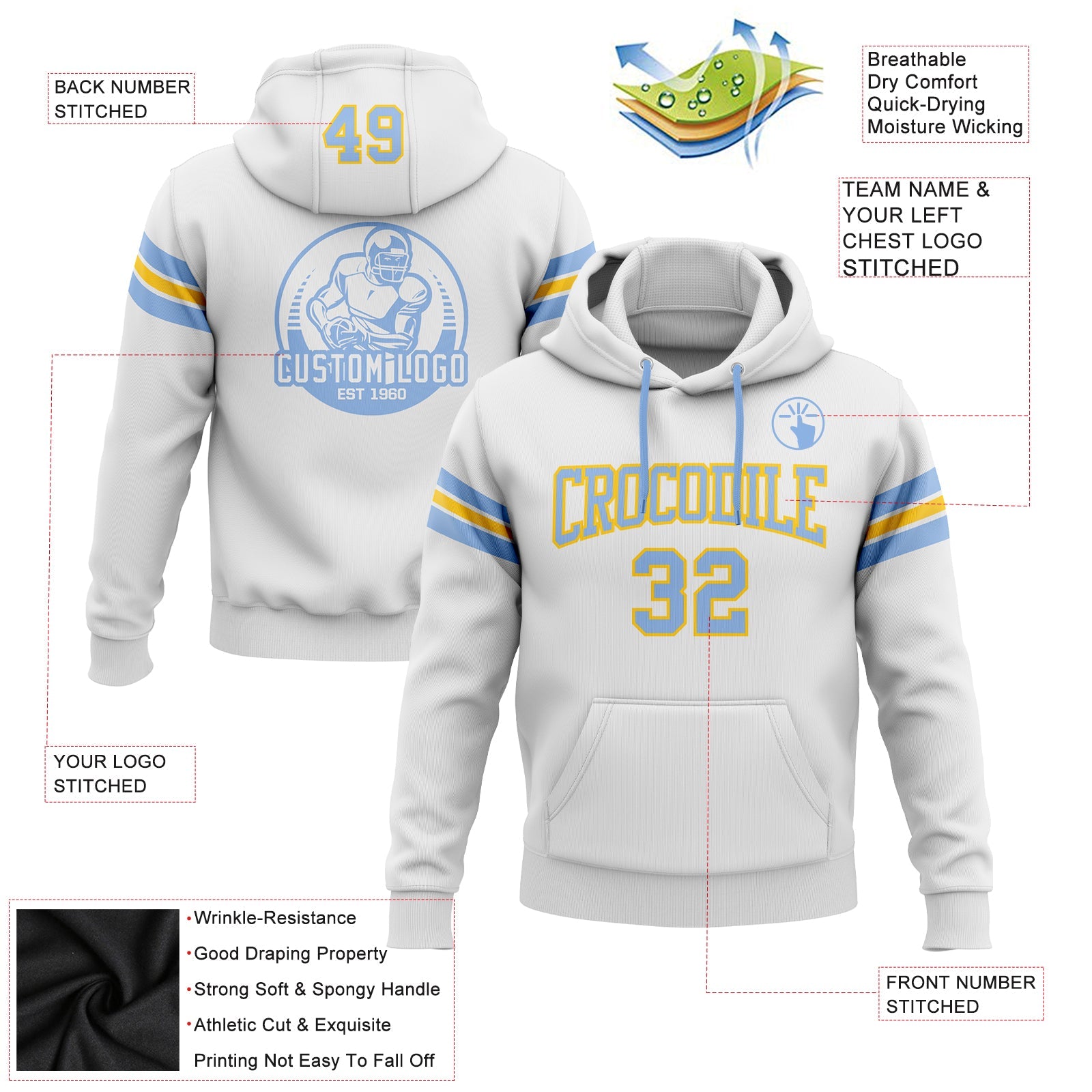 Custom Stitched White Light Blue-Yellow Football Pullover Sweatshirt Hoodie view 2