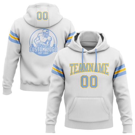 Custom Stitched White Light Blue-Yellow Football Pullover Sweatshirt Hoodie - Main View