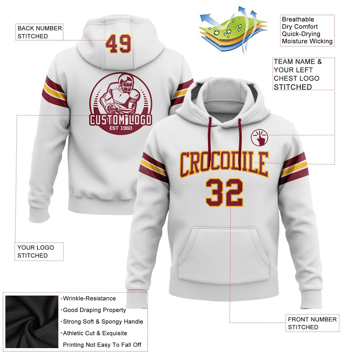 Custom Stitched White Crimson-Gold Football Pullover Sweatshirt Hoodie view 2