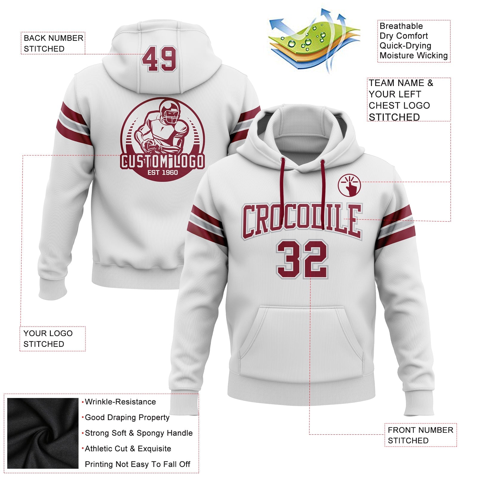 Custom Stitched White Crimson-Gray Football Pullover Sweatshirt Hoodie view 2
