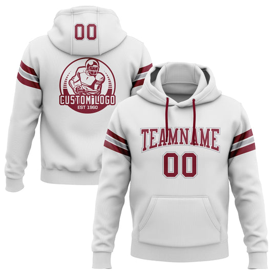 Custom Stitched White Crimson-Gray Football Pullover Sweatshirt Hoodie - Main View