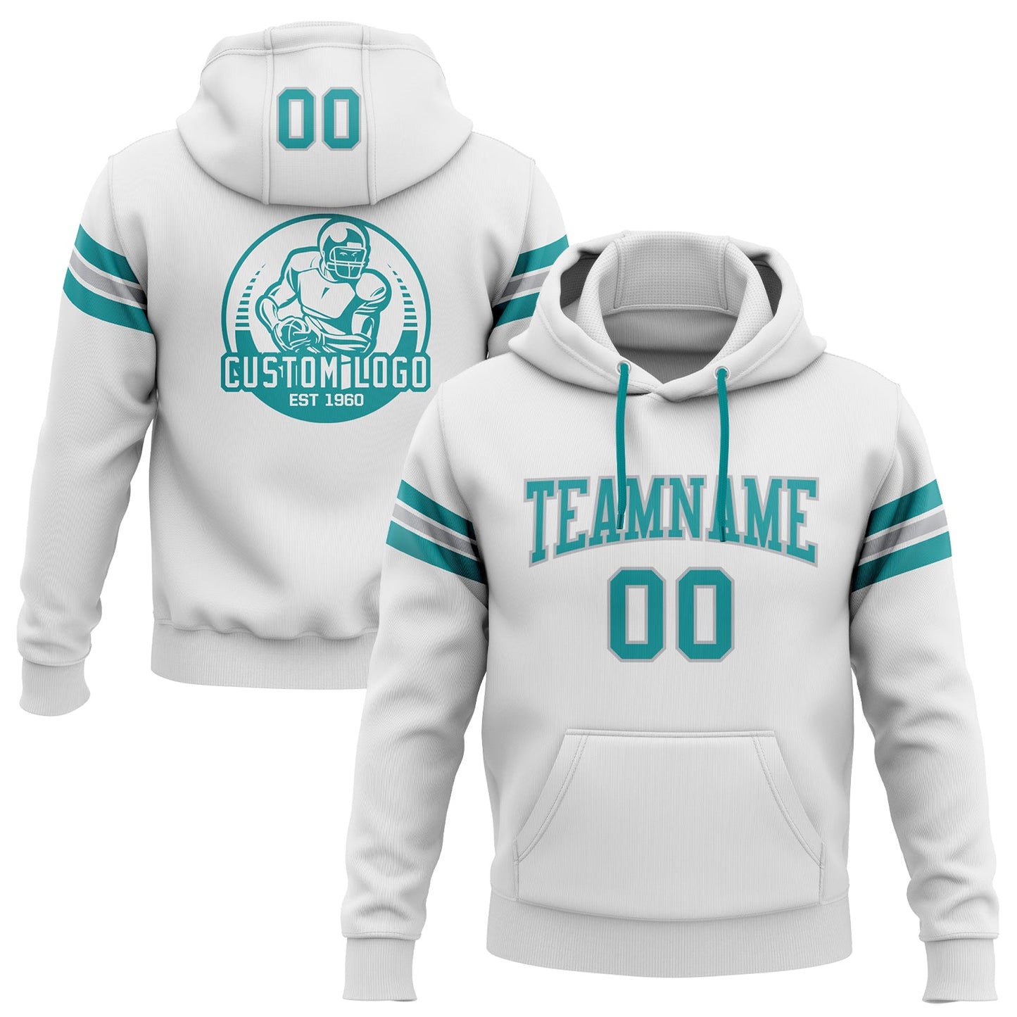Custom Stitched White Teal-Gray Football Pullover Sweatshirt Hoodie - Main View
