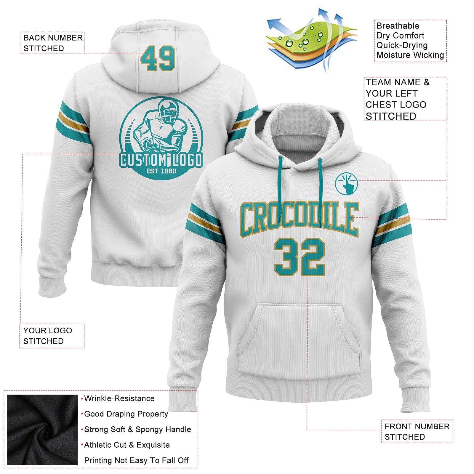 Custom Stitched White Teal-Old Gold Football Pullover Sweatshirt Hoodie view 2