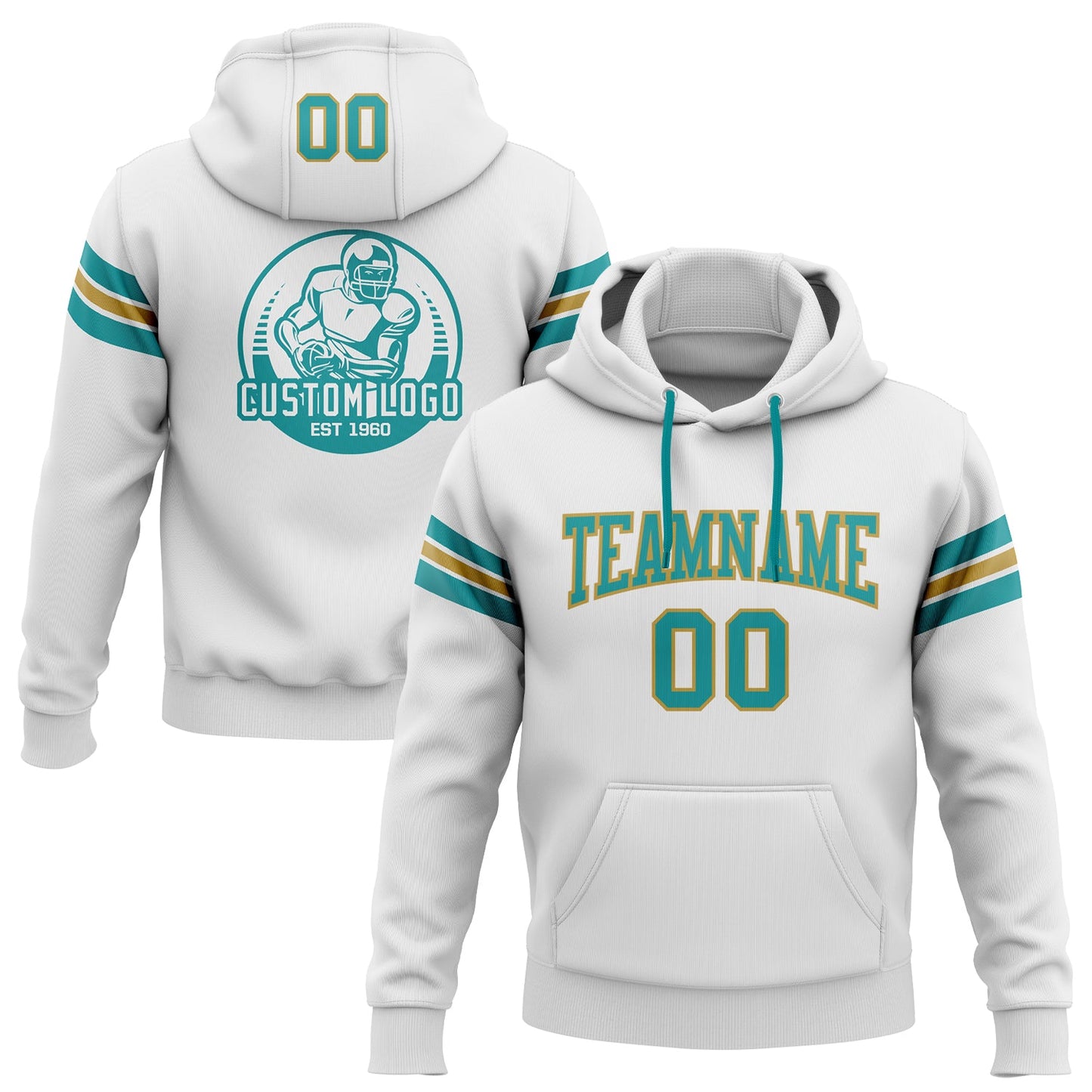 Custom Stitched White Teal-Old Gold Football Pullover Sweatshirt Hoodie - Main View