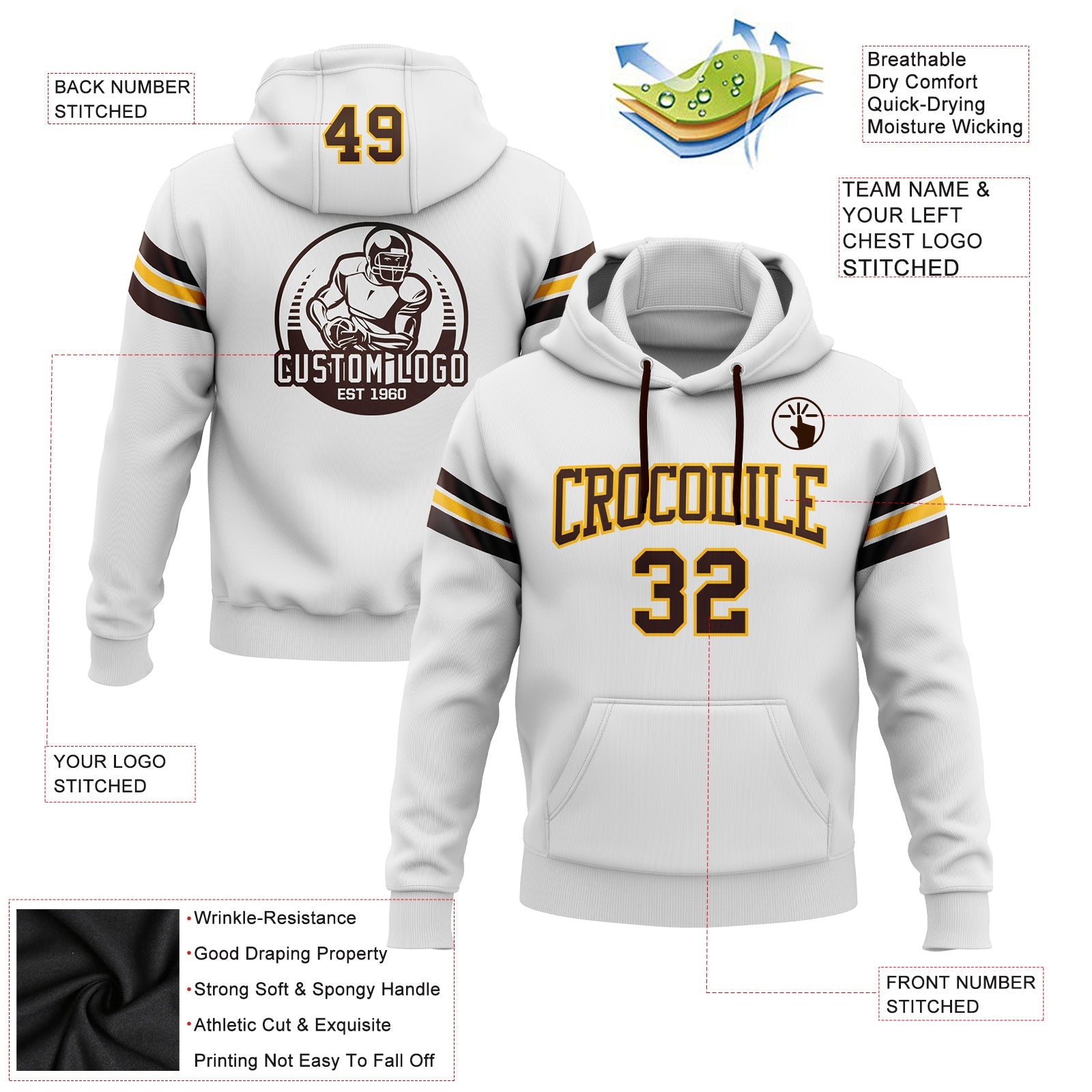 Custom Stitched White Brown-Gold Football Pullover Sweatshirt Hoodie view 2