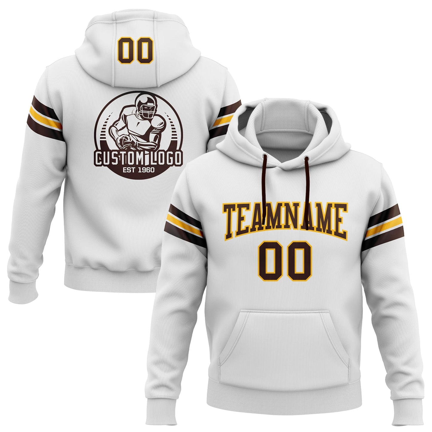 Custom Stitched White Brown-Gold Football Pullover Sweatshirt Hoodie - Main View