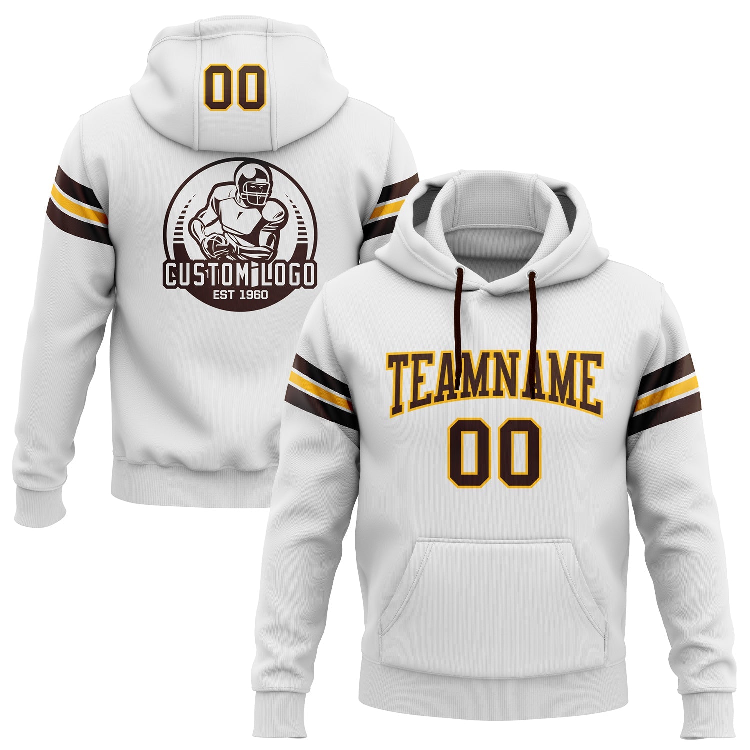 Custom Stitched White Brown-Gold Football Pullover Sweatshirt Hoodie - Main View