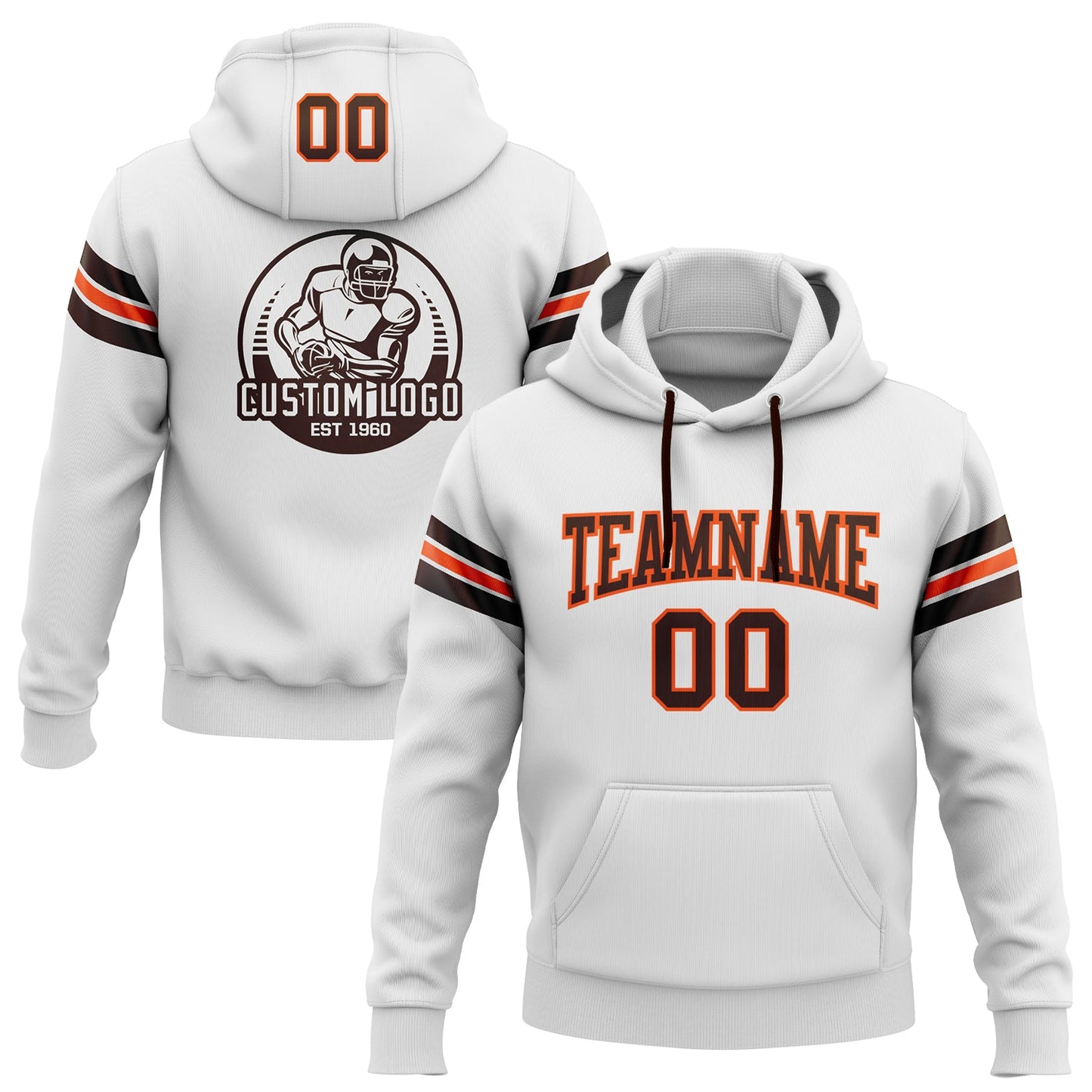 Custom Stitched White Brown-Orange Football Pullover Sweatshirt Hoodie - Main View