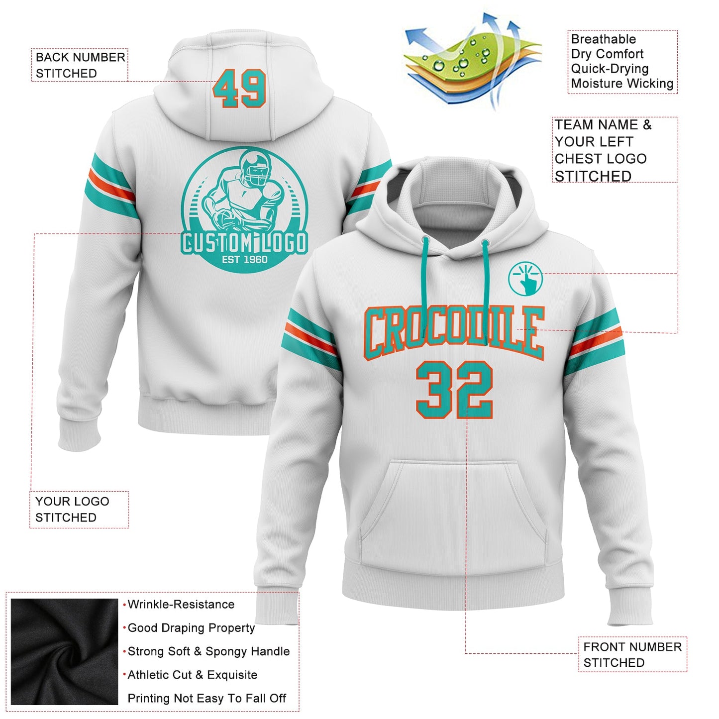 Custom Stitched White Aqua-Orange Football Pullover Sweatshirt Hoodie view 2