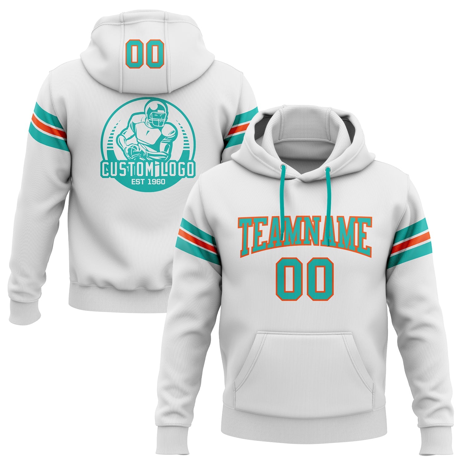Custom Stitched White Aqua-Orange Football Pullover Sweatshirt Hoodie - Main View