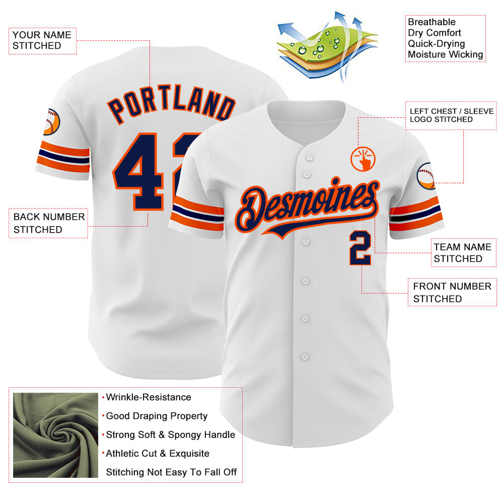 Custom White Navy-Orange Authentic Baseball Jersey view 3