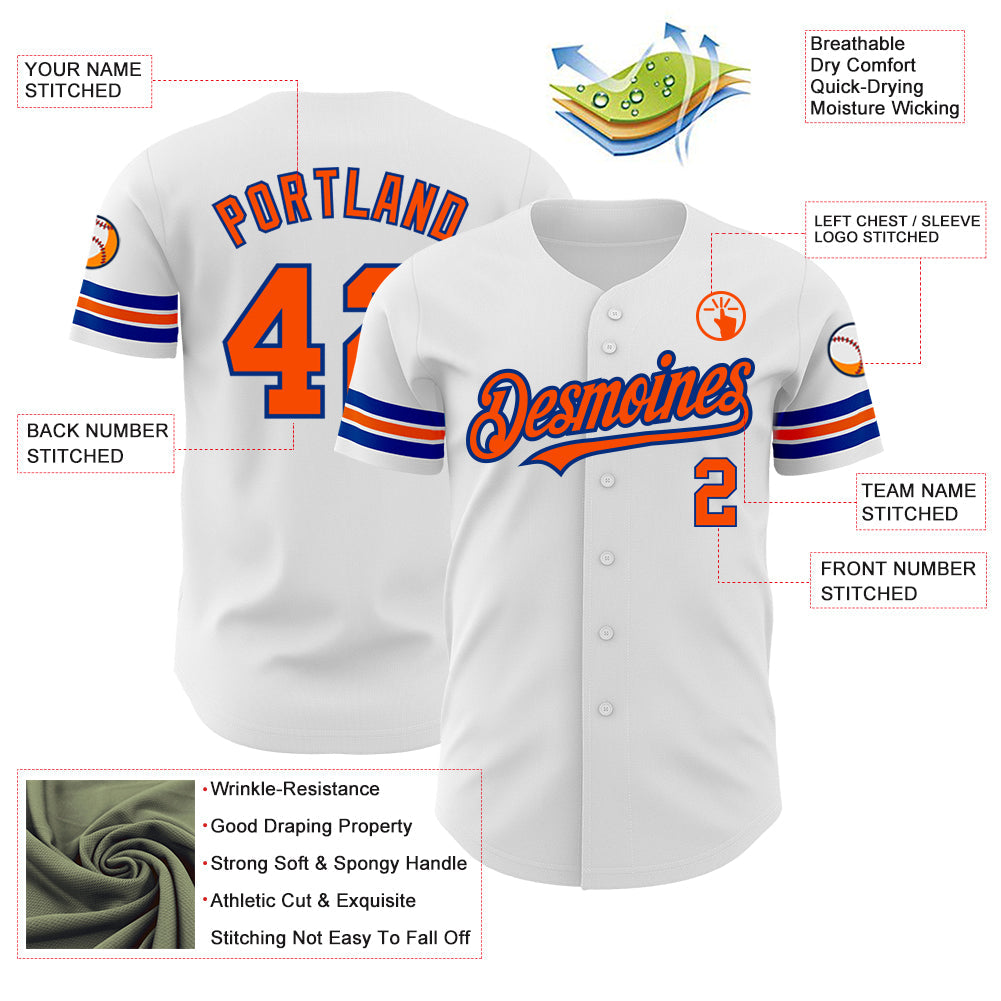 Custom White Orange-Royal Authentic Baseball Jersey view 3