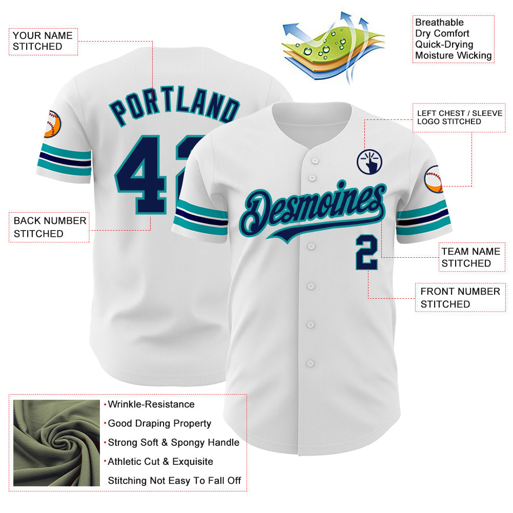 Custom White Navy-Teal Authentic Baseball Jersey view 3