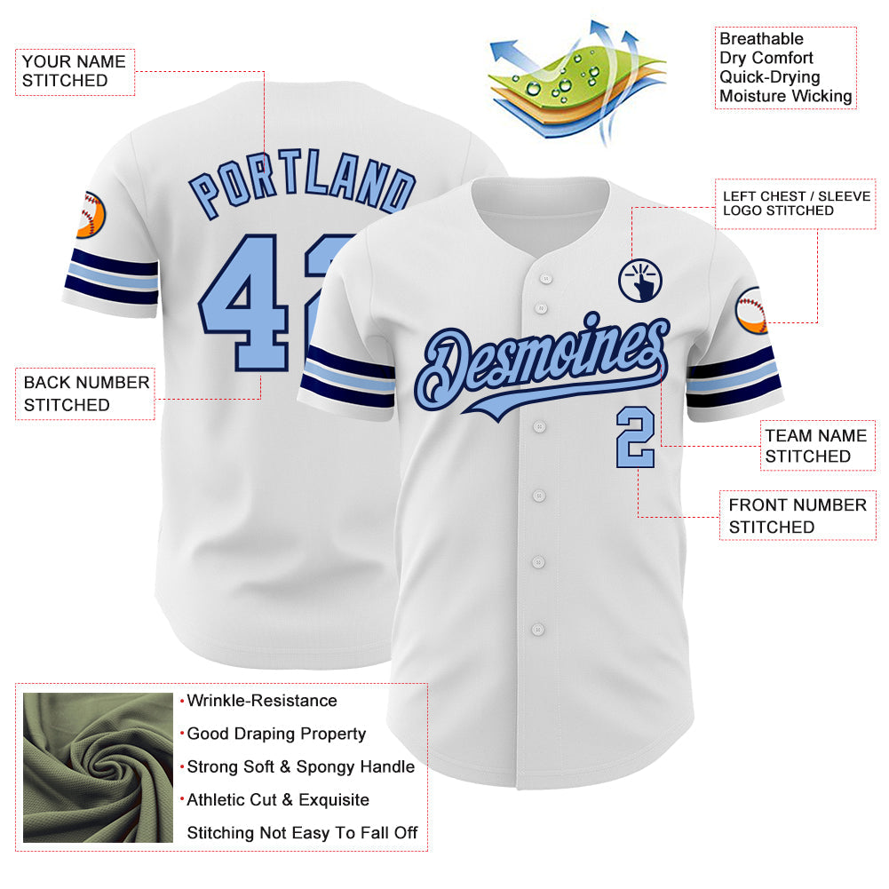 Custom White Light Blue-Navy Authentic Baseball Jersey view 3
