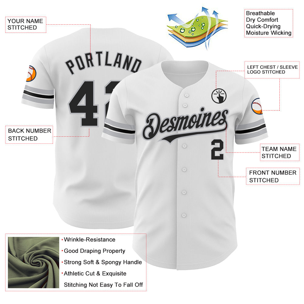 Custom White Black-Gray Authentic Baseball Jersey view 3