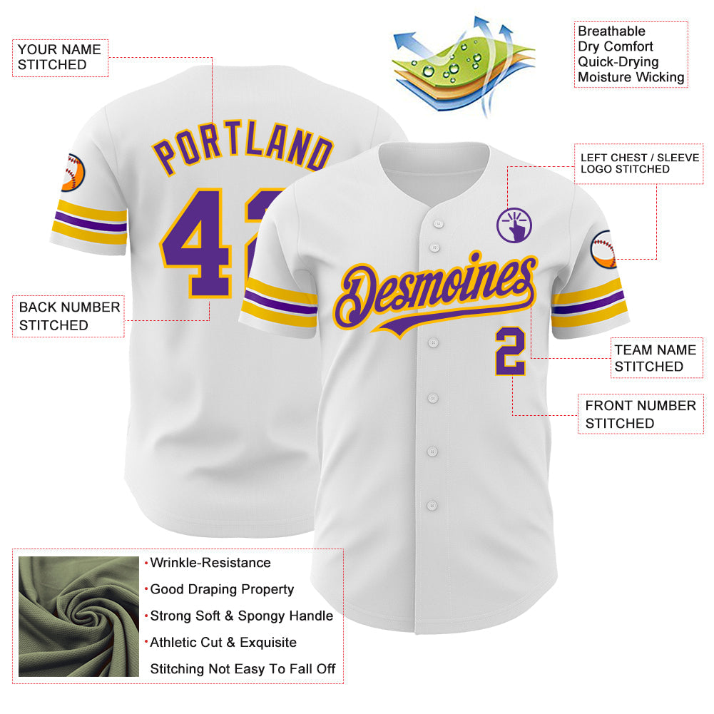 Custom White Purple-Gold Authentic Baseball Jersey view 3