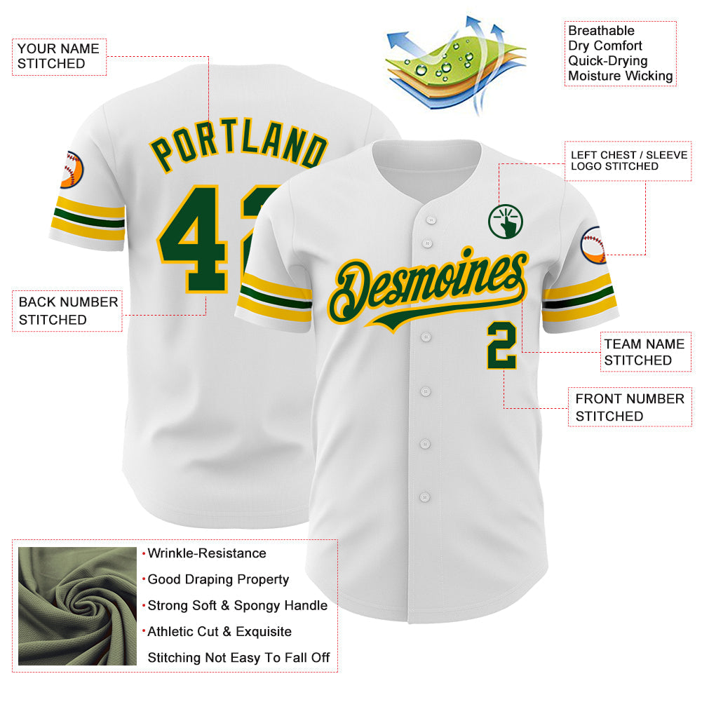 Custom White Green-Gold Authentic Baseball Jersey view 3