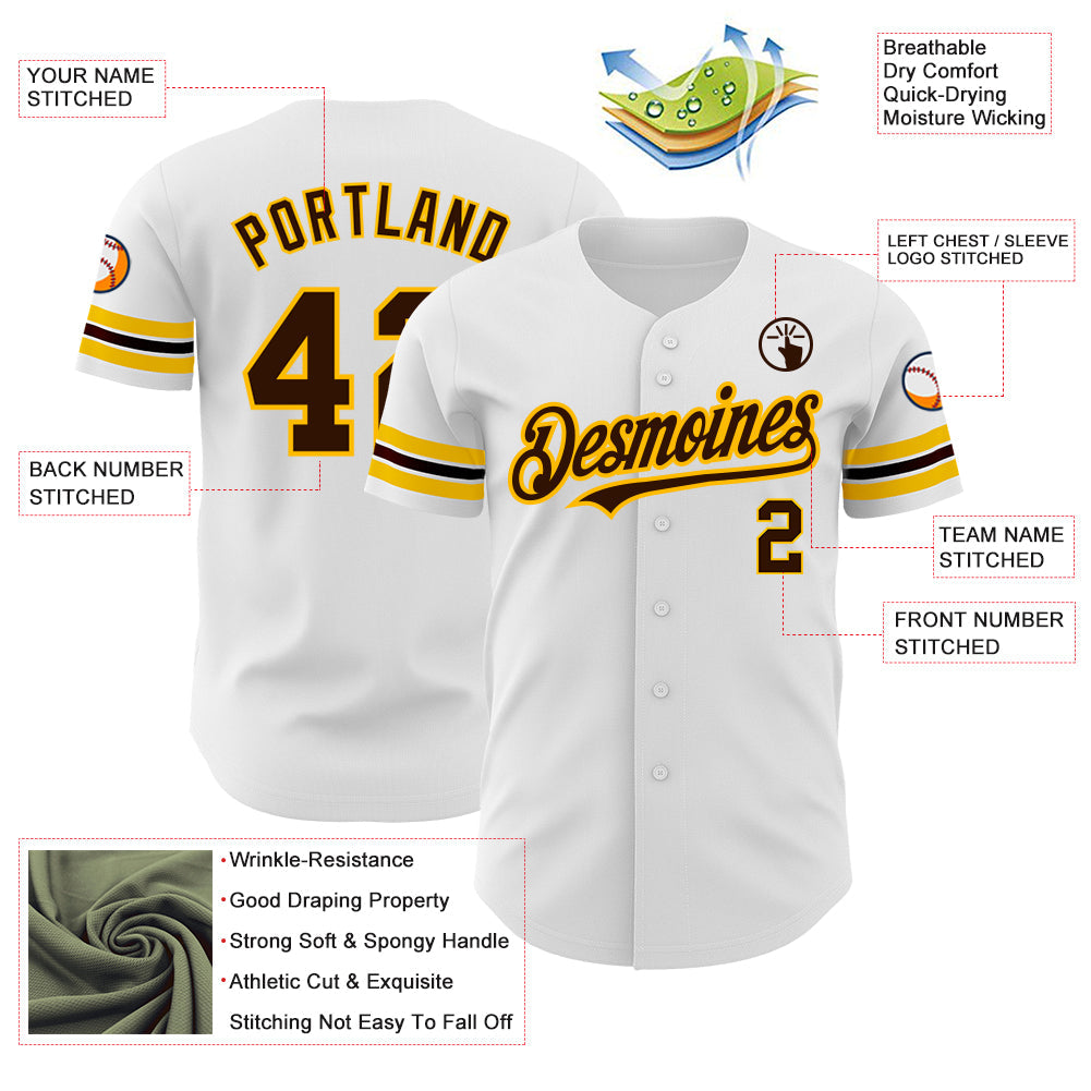 Custom White Brown-Gold Authentic Baseball Jersey view 3