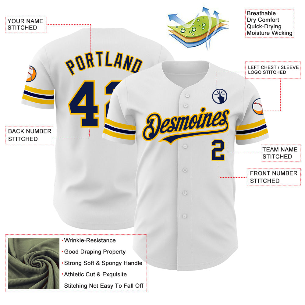 Custom White Navy-Gold Authentic Baseball Jersey view 3
