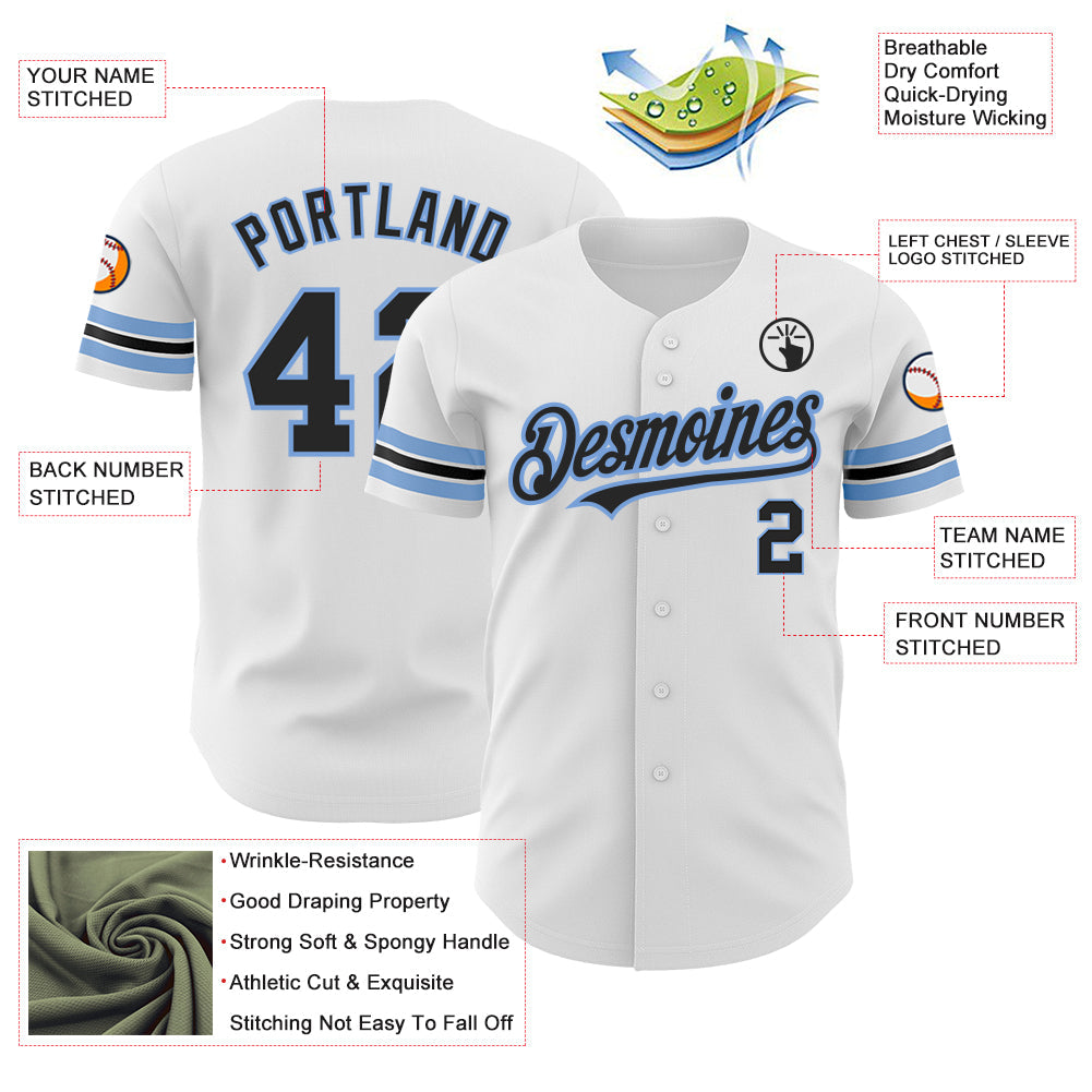 Custom White Black-Powder Blue Authentic Baseball Jersey view 3