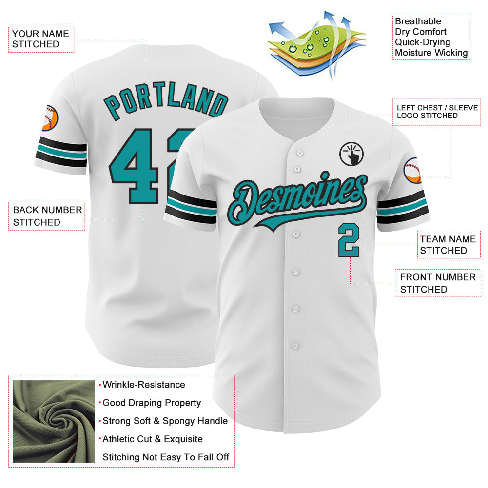 Custom White Teal-Black Authentic Baseball Jersey view 3