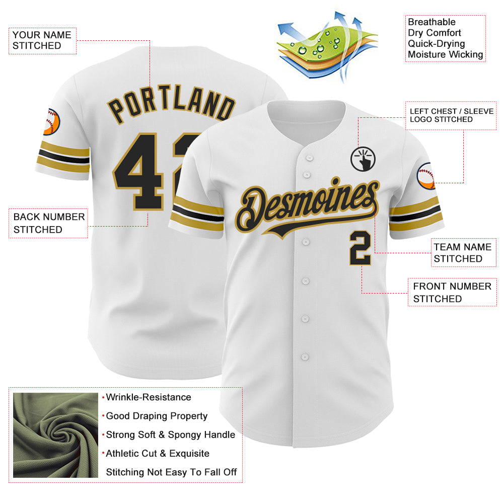 Custom White Black-Old Gold Authentic Baseball Jersey view 3