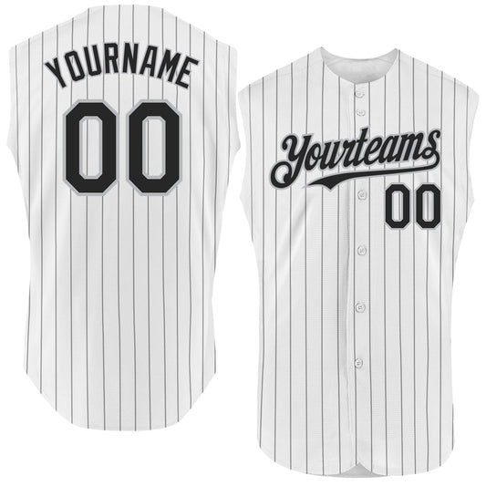 Custom White Black Pinstripe Gray Authentic Sleeveless Baseball Jersey - Main View