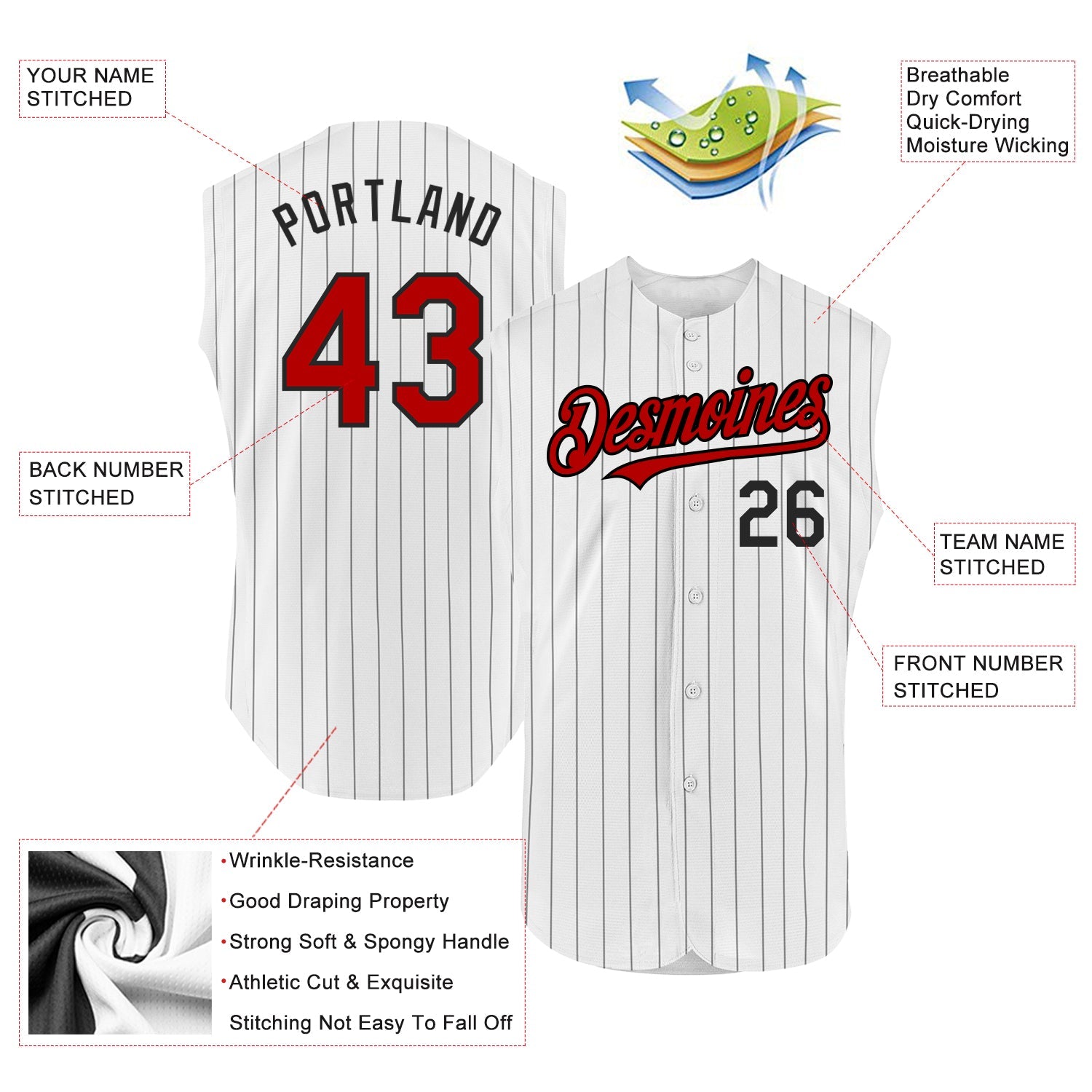 Custom White Black Pinstripe Red Authentic Sleeveless Baseball Jersey view 2