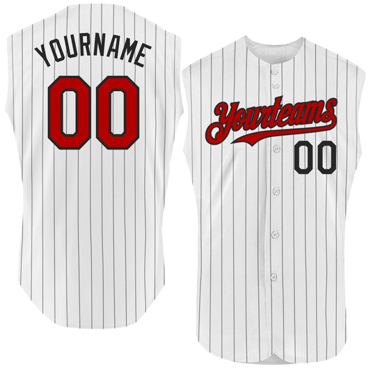 Custom White Black Pinstripe Red Authentic Sleeveless Baseball Jersey - Main View