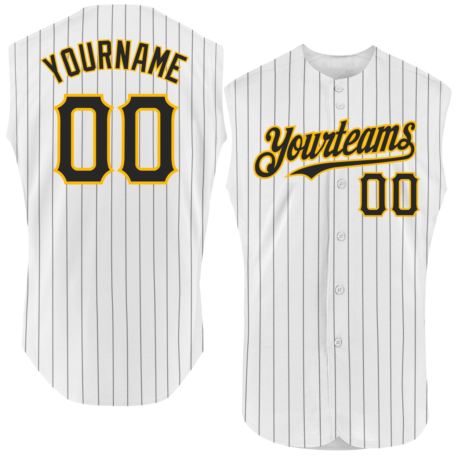 Custom White Black Pinstripe Gold Authentic Sleeveless Baseball Jersey - Main View