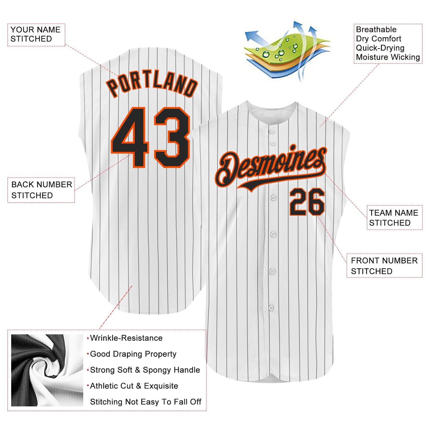 Custom White Black Pinstripe Orange Authentic Sleeveless Baseball Jersey view 2
