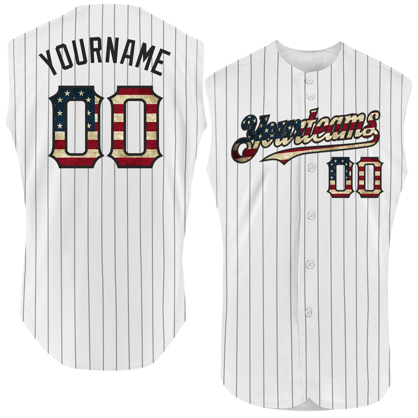 Custom White Black Pinstripe Vintage USA Flag Authentic Sleeveless Baseball Jersey - Main View