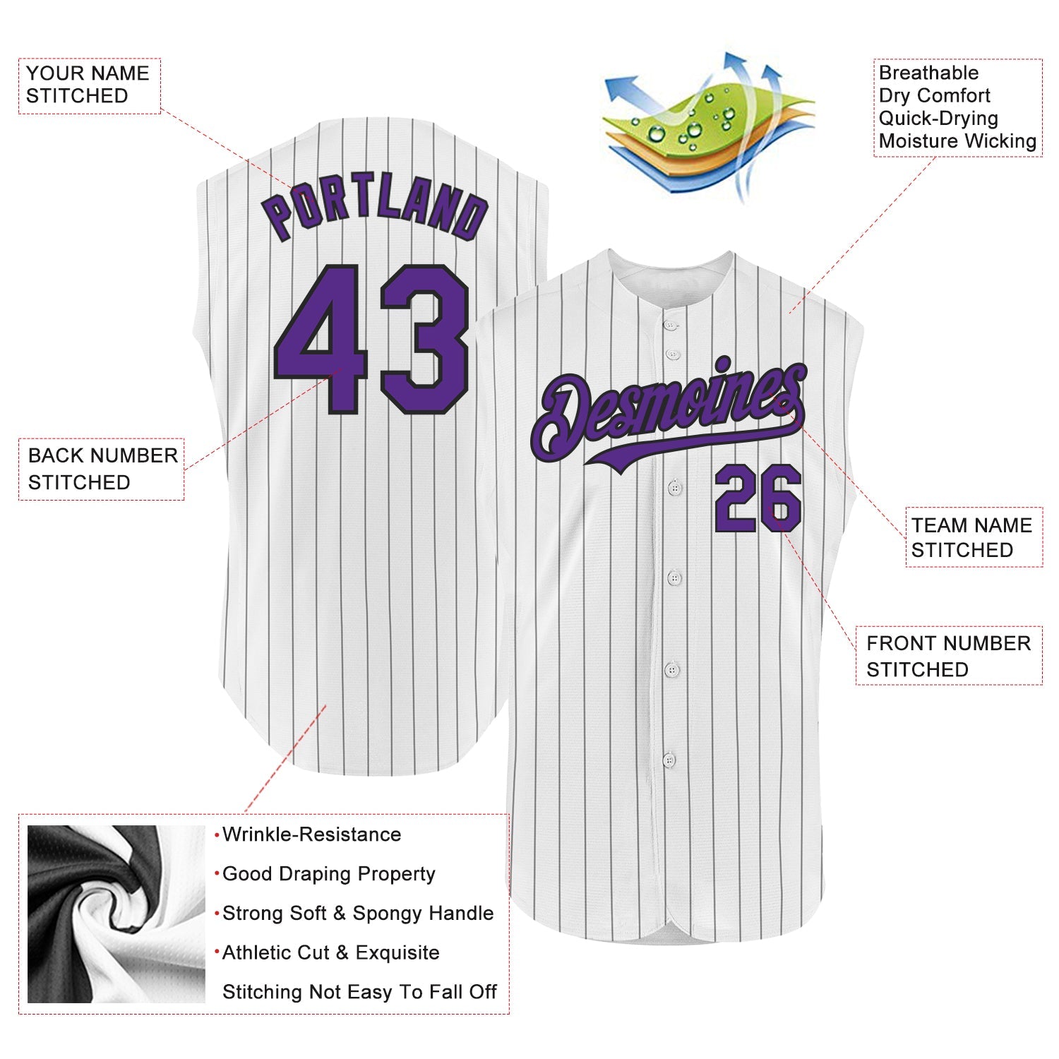 Custom White Black Pinstripe Purple Authentic Sleeveless Baseball Jersey view 2