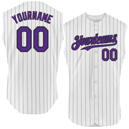 Custom White Black Pinstripe Purple Authentic Sleeveless Baseball Jersey - Main View