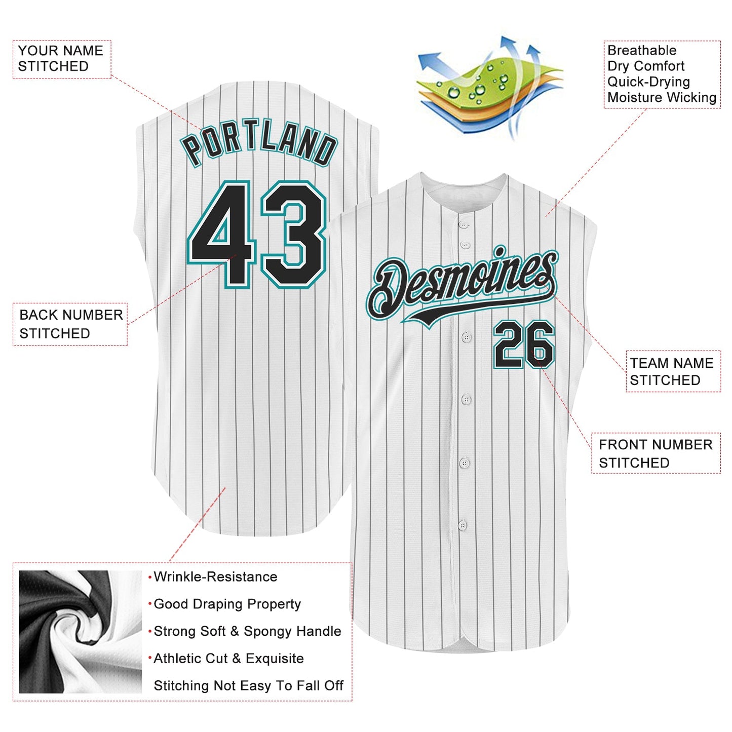Custom White Black Pinstripe Teal Authentic Sleeveless Baseball Jersey view 2