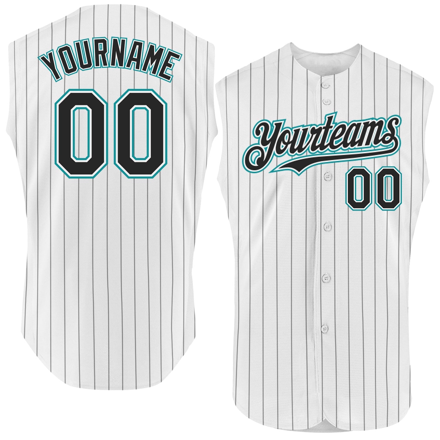 Custom White Black Pinstripe Teal Authentic Sleeveless Baseball Jersey - Main View