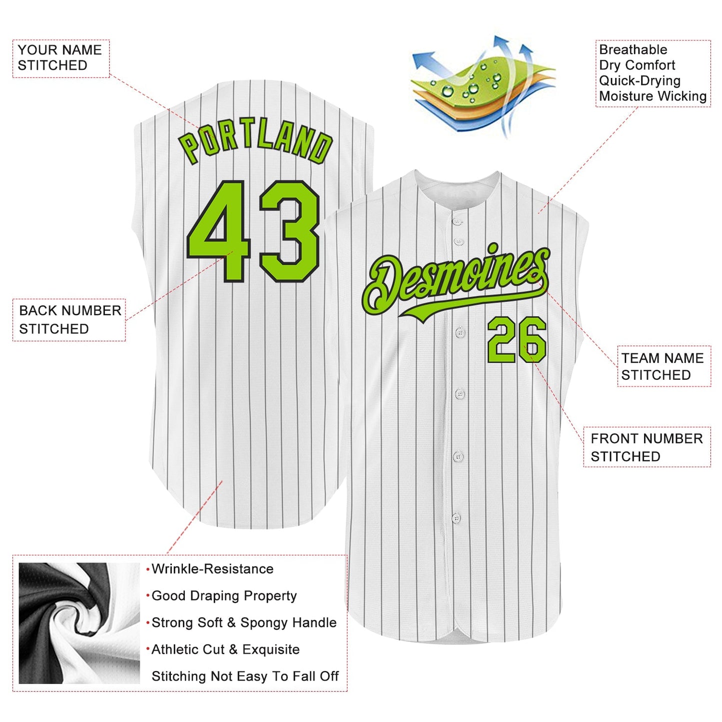 Custom White Black Pinstripe Neon Green Authentic Sleeveless Baseball Jersey view 2
