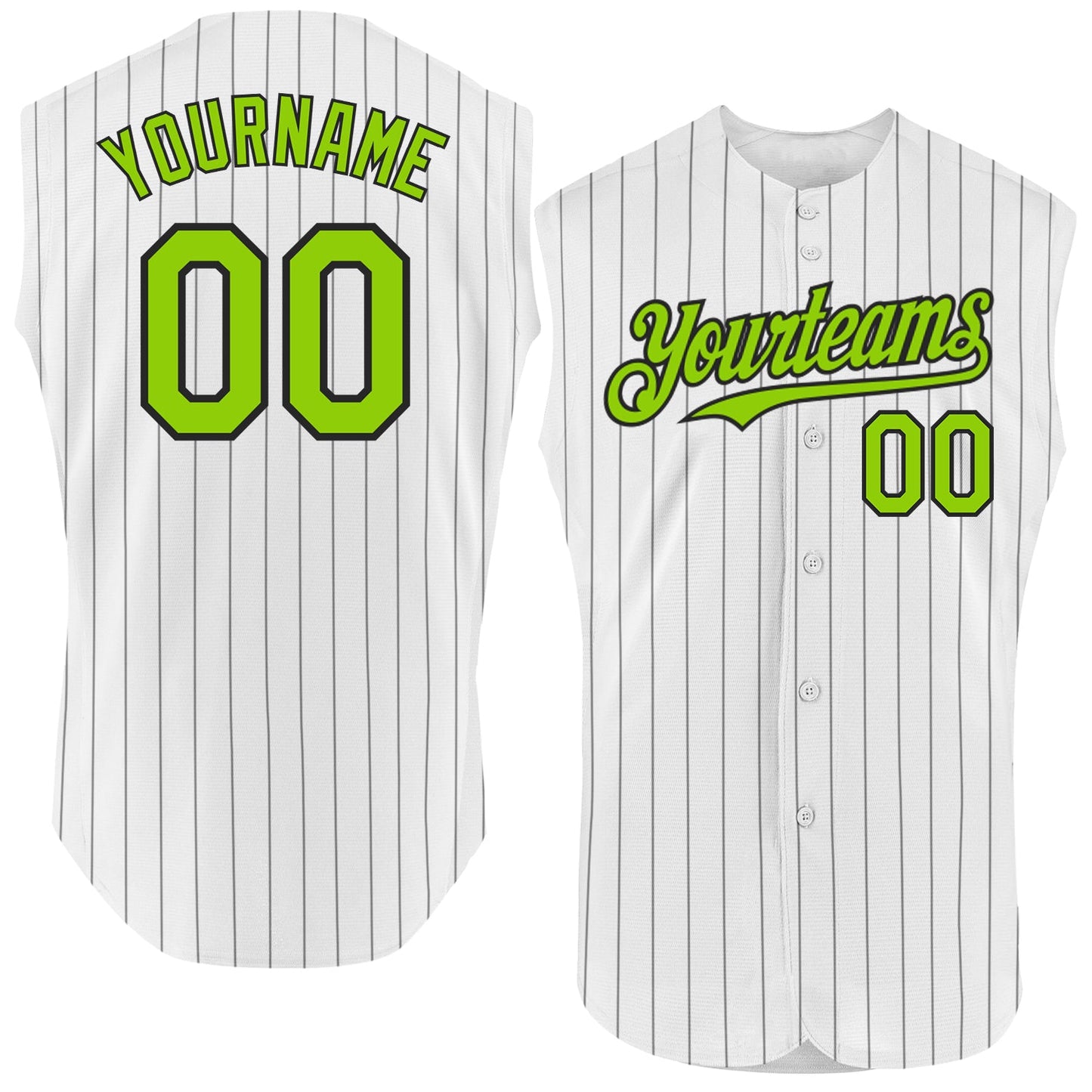 Custom White Black Pinstripe Neon Green Authentic Sleeveless Baseball Jersey - Main View