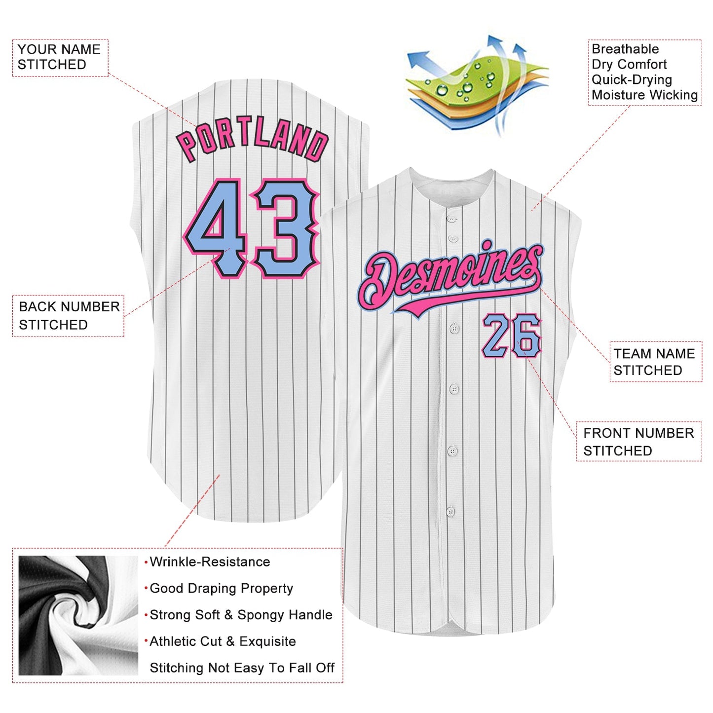 Custom White Black Pinstripe Light Blue-Pink Authentic Sleeveless Baseball Jersey view 2