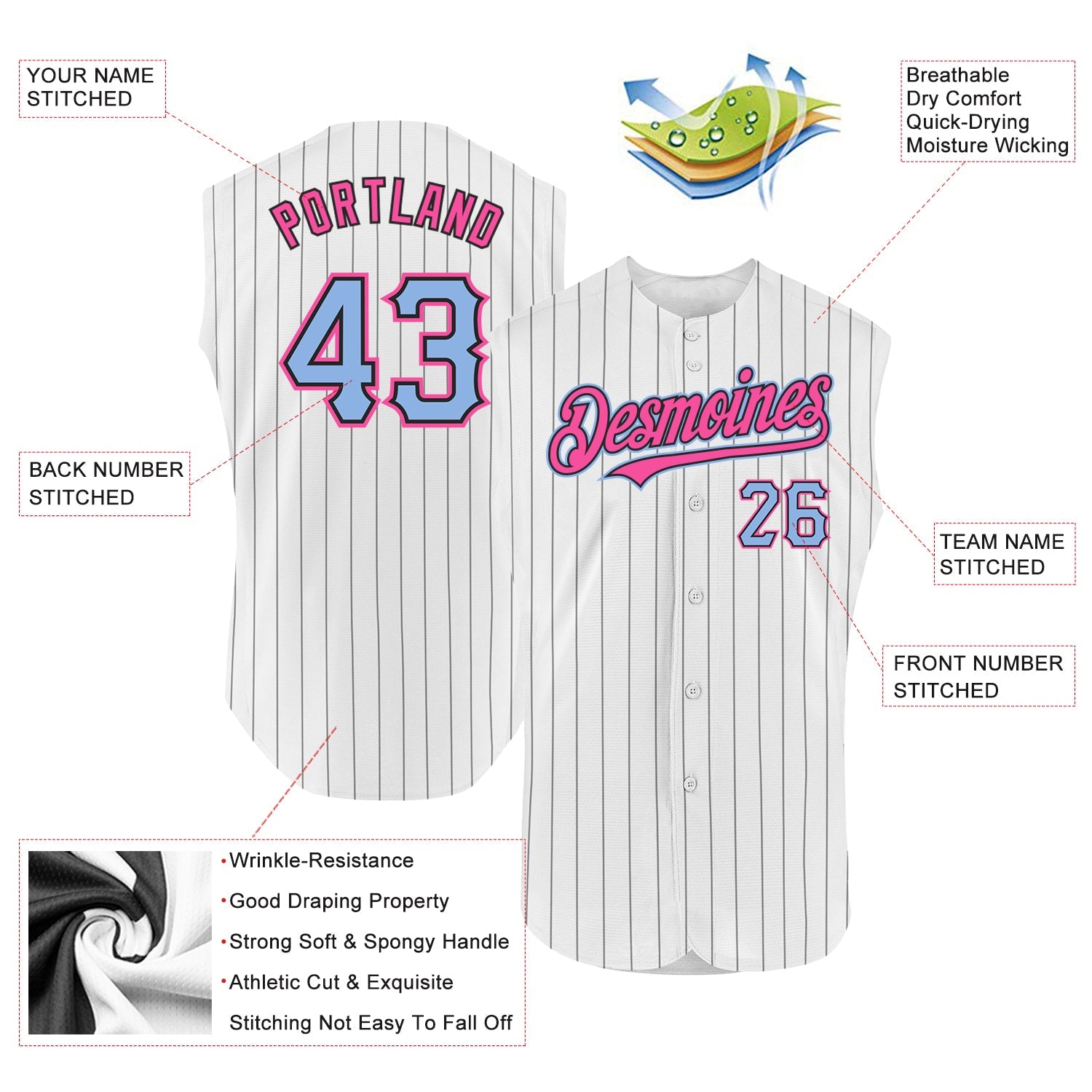 Custom White Black Pinstripe Light Blue-Pink Authentic Sleeveless Baseball Jersey view 2