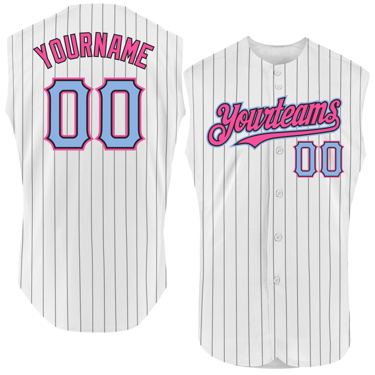 Custom White Black Pinstripe Light Blue-Pink Authentic Sleeveless Baseball Jersey - Main View