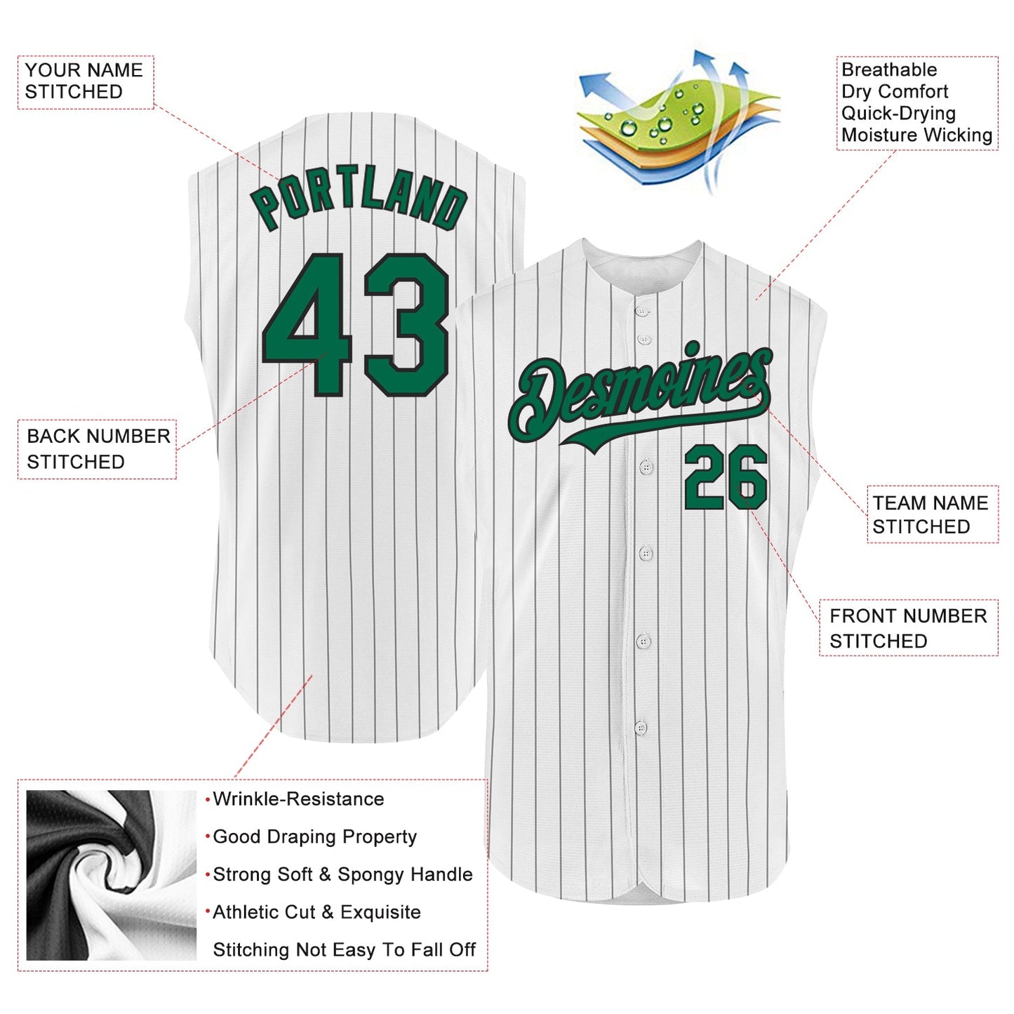 Custom White Black Pinstripe Kelly Green Authentic Sleeveless Baseball Jersey view 2