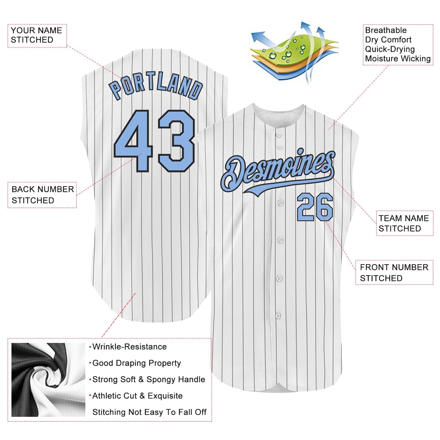 Custom White Black Pinstripe Light Blue Authentic Sleeveless Baseball Jersey view 2