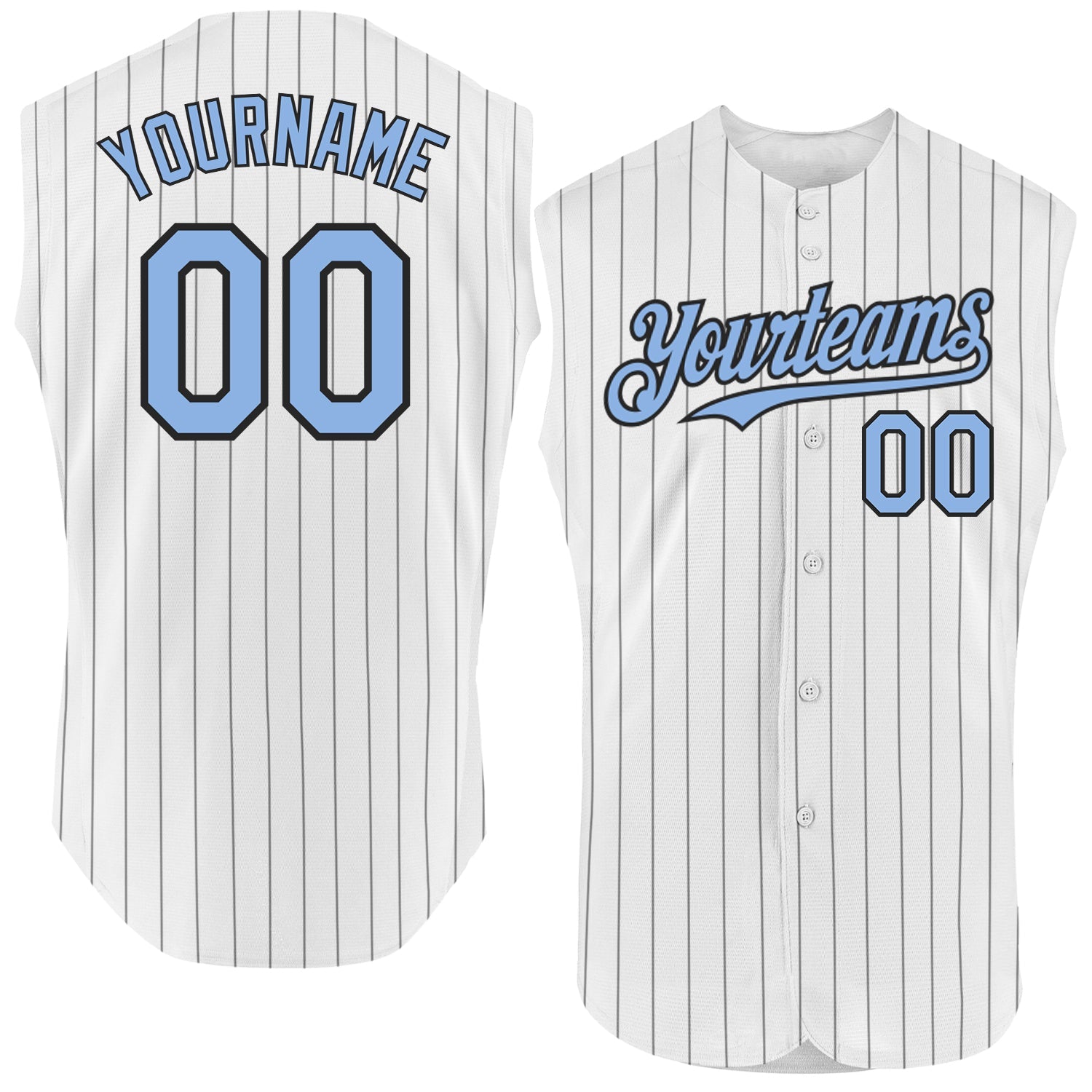 Custom White Black Pinstripe Light Blue Authentic Sleeveless Baseball Jersey - Main View