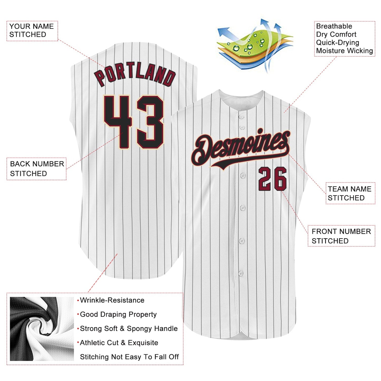Custom White Black Pinstripe Crimson-City Cream Authentic Sleeveless Baseball Jersey view 2
