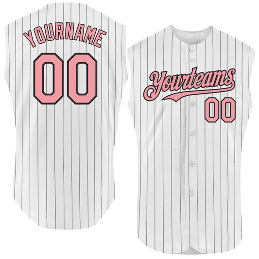 Custom White Black Pinstripe Medium Pink Authentic Sleeveless Baseball Jersey - Main View